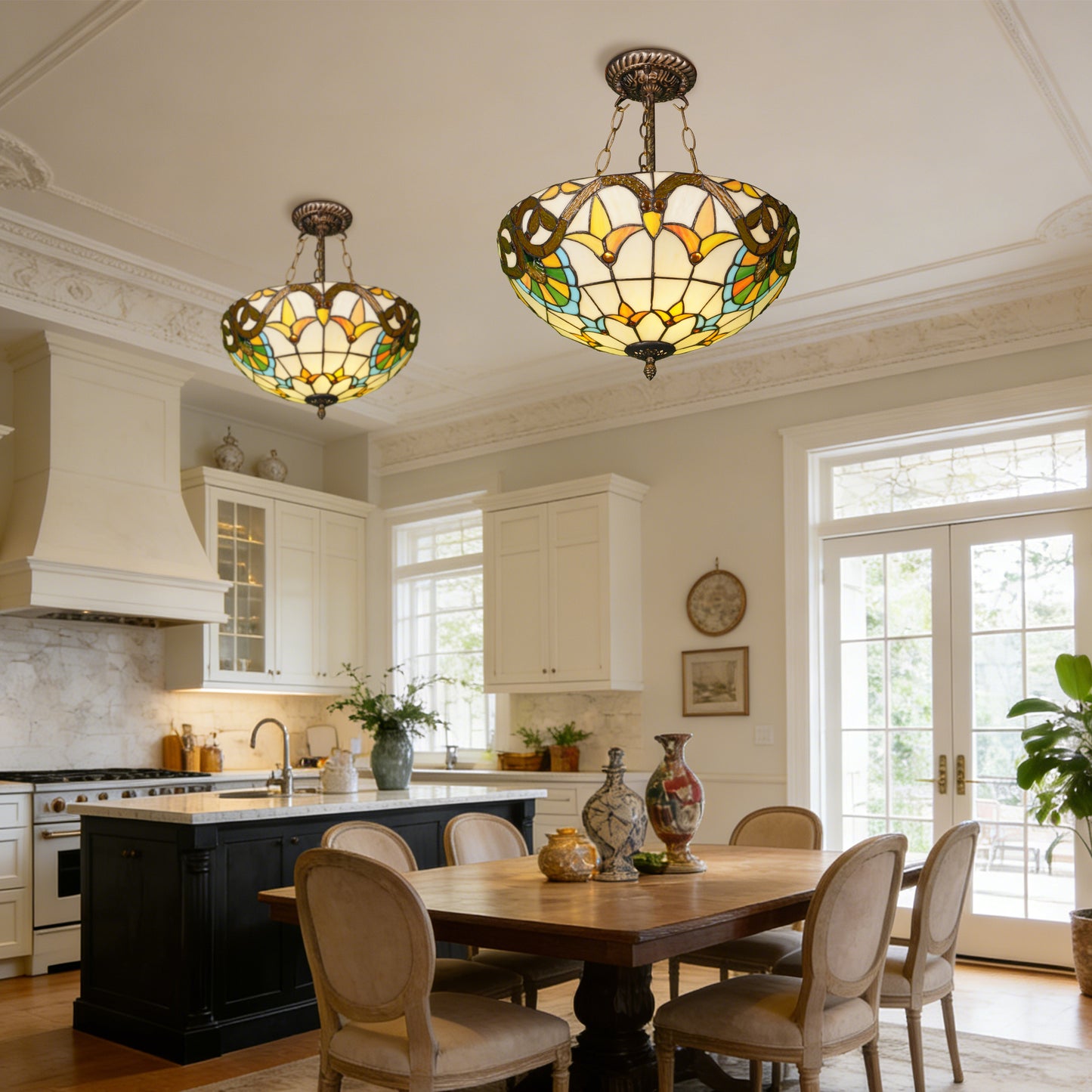 Floral Vine Stained Glass Semi Flush Mount Ceiling Light - Antique Bronze 3-Light E26 Pendant Lamp (Incl Warm Light Source