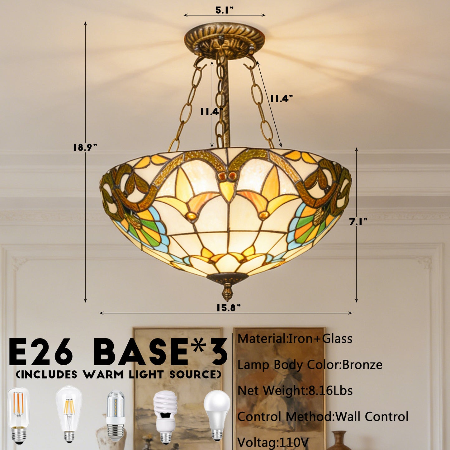Floral Vine Stained Glass Semi Flush Mount Ceiling Light - Antique Bronze 3-Light E26 Pendant Lamp (Incl Warm Light Source