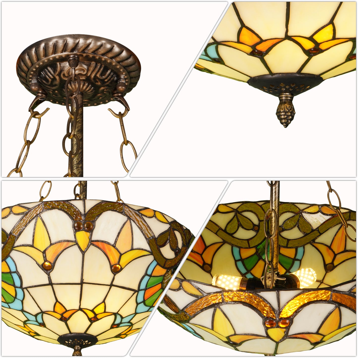 Floral Vine Stained Glass Semi Flush Mount Ceiling Light - Antique Bronze 3-Light E26 Pendant Lamp (Incl Warm Light Source