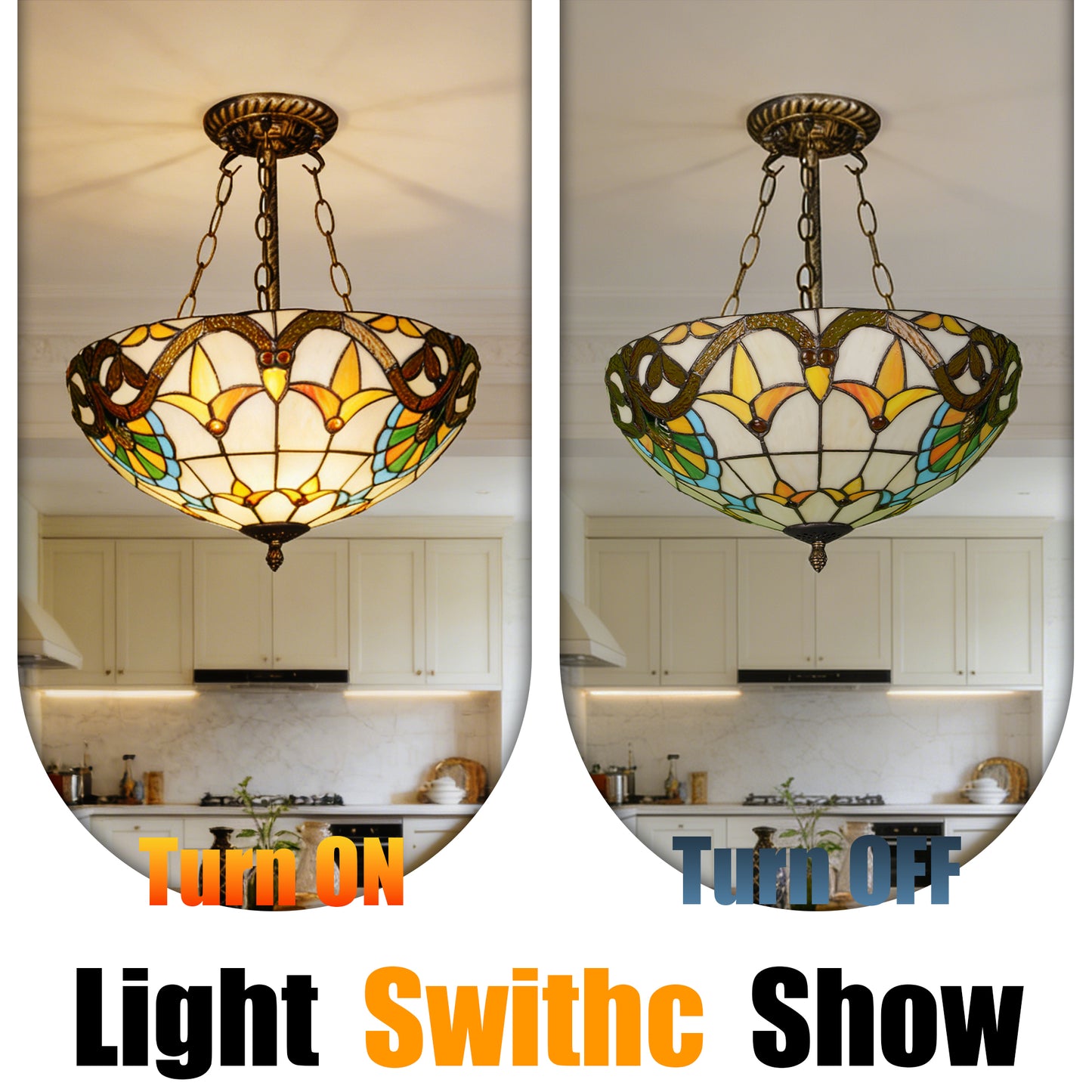 Floral Vine Stained Glass Semi Flush Mount Ceiling Light - Antique Bronze 3-Light E26 Pendant Lamp (Incl Warm Light Source