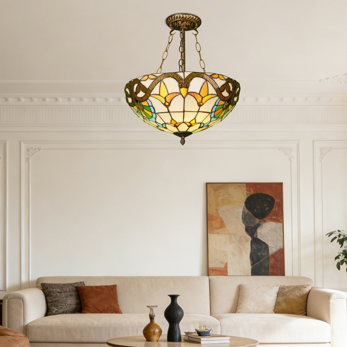 Floral Vine Stained Glass Semi Flush Mount Ceiling Light - Antique Bronze 3-Light E26 Pendant Lamp (Incl Warm Light Source