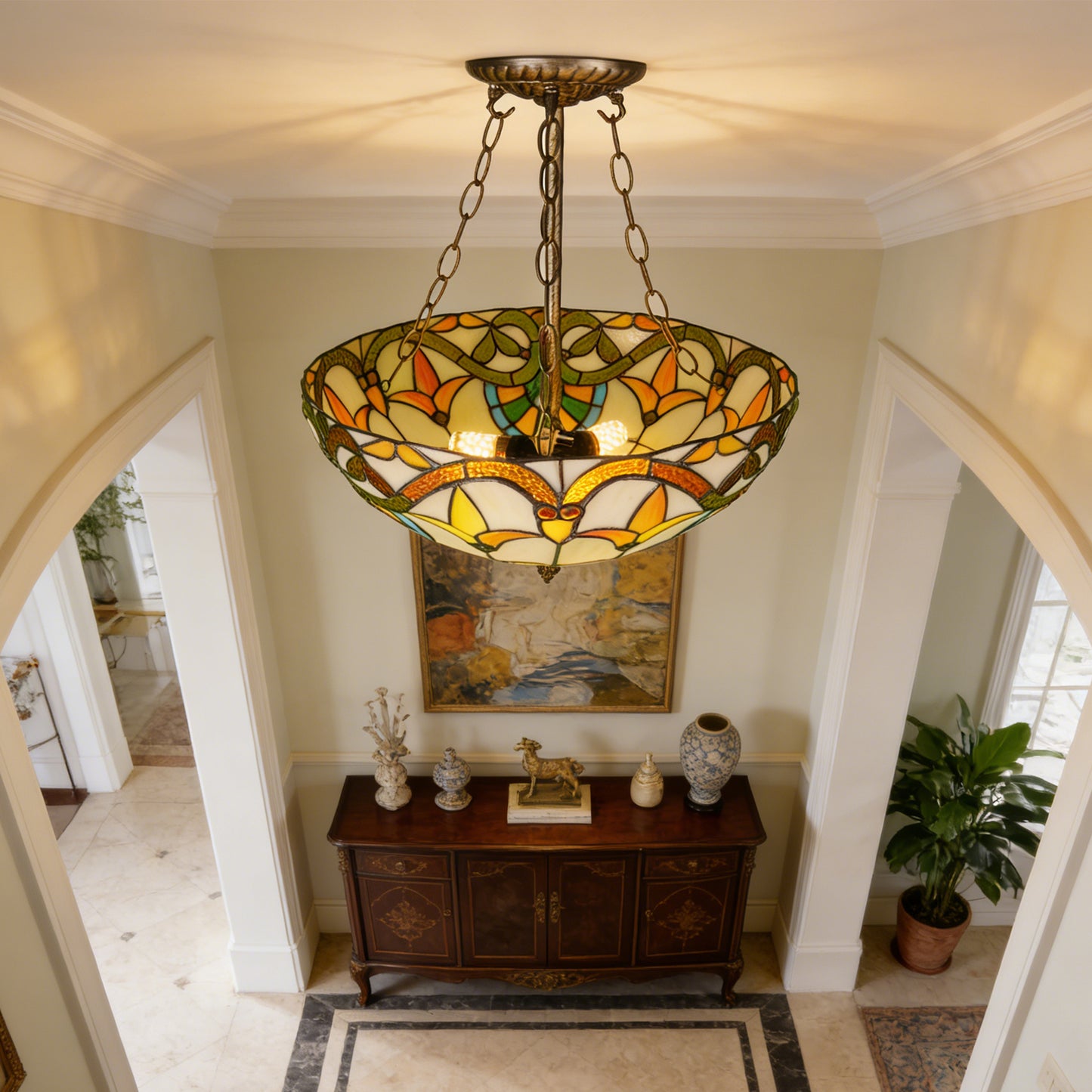 Floral Vine Stained Glass Semi Flush Mount Ceiling Light - Antique Bronze 3-Light E26 Pendant Lamp (Incl Warm Light Source