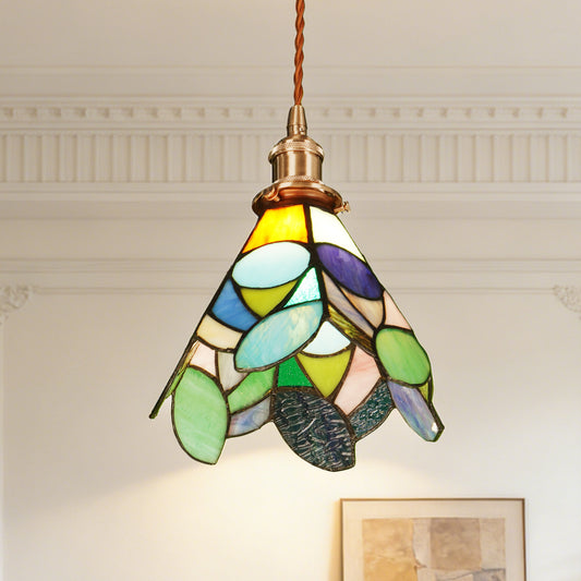 Leaf Stained Glass Mini Pendant Light - Antique Bronze Adjustable 1-Light E26 Pendant Lamp Bulb Not Included