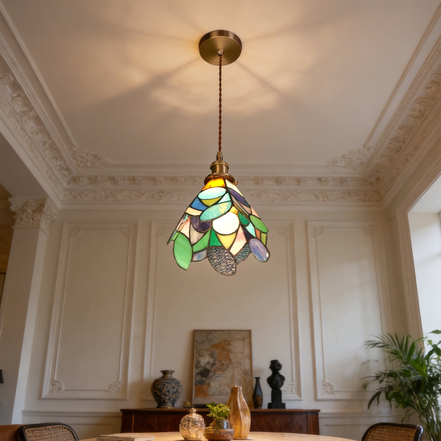 Leaf Stained Glass Mini Pendant Light - Antique Bronze Adjustable 1-Light E26 Pendant Lamp Bulb Not Included