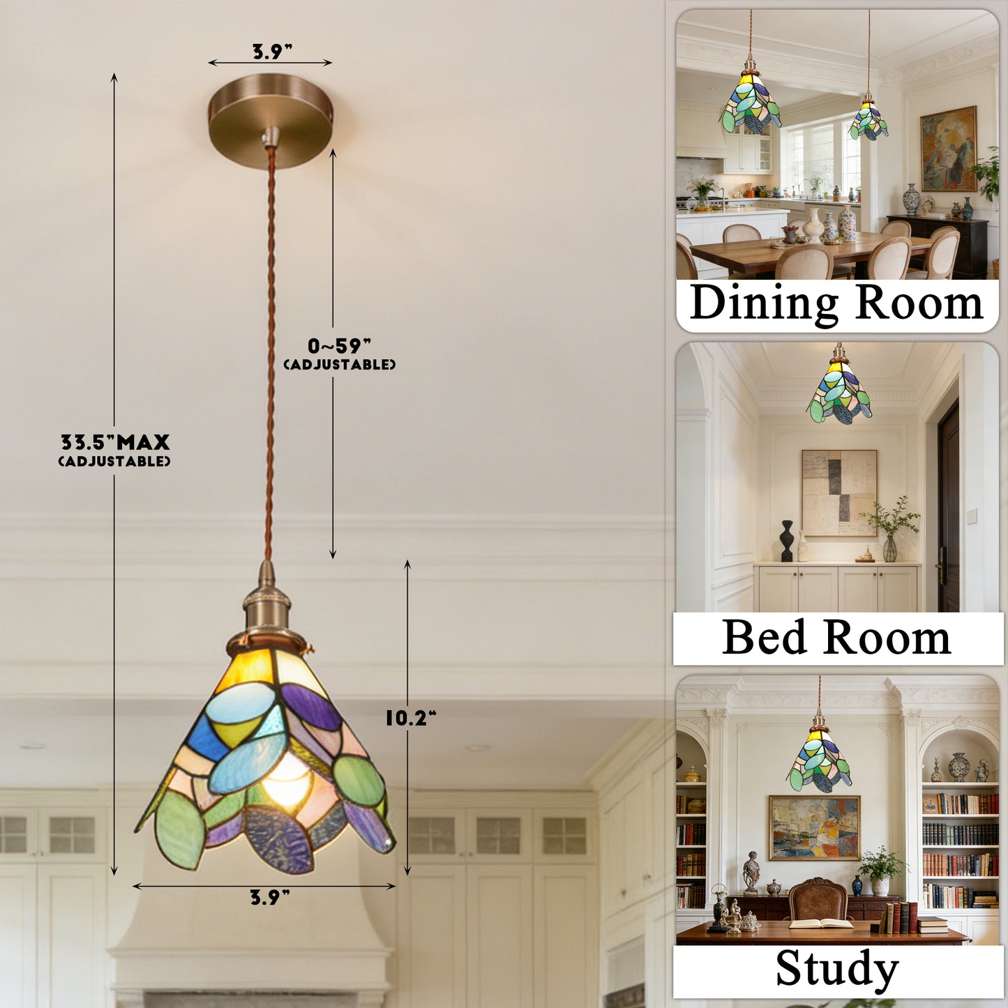 Leaf Stained Glass Mini Pendant Light - Antique Bronze Adjustable 1-Light E26 Pendant Lamp Bulb Not Included