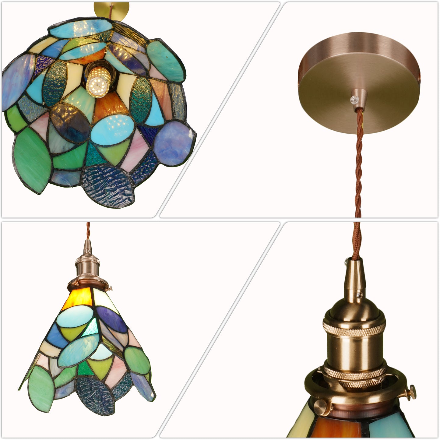 Leaf Stained Glass Mini Pendant Light - Antique Bronze Adjustable 1-Light E26 Pendant Lamp Bulb Not Included