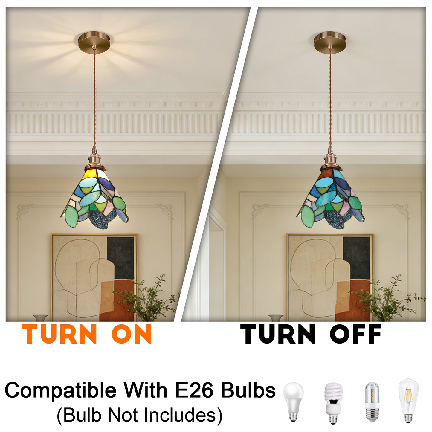 Leaf Stained Glass Mini Pendant Light - Antique Bronze Adjustable 1-Light E26 Pendant Lamp Bulb Not Included