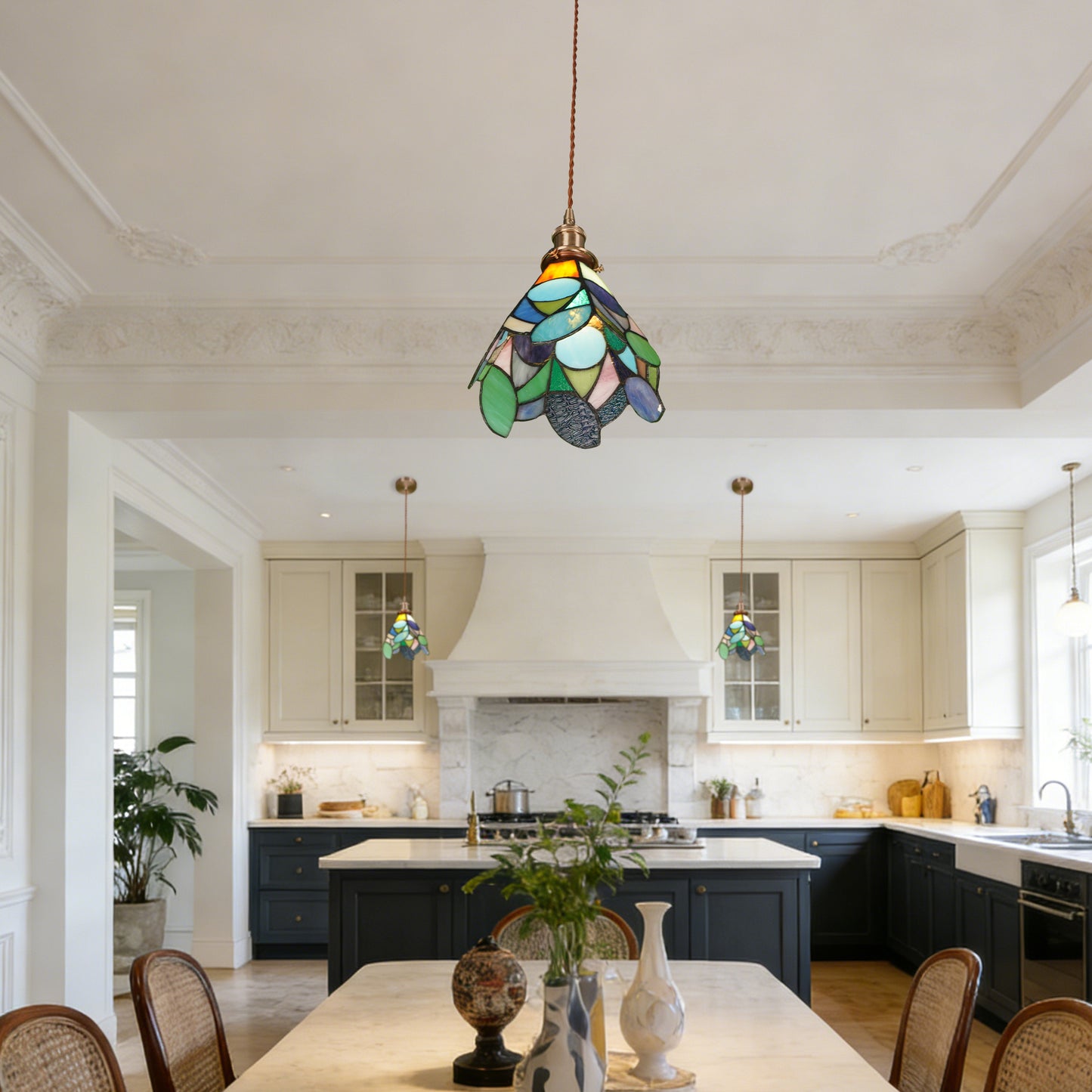 Leaf Stained Glass Mini Pendant Light - Antique Bronze Adjustable 1-Light E26 Pendant Lamp Bulb Not Included
