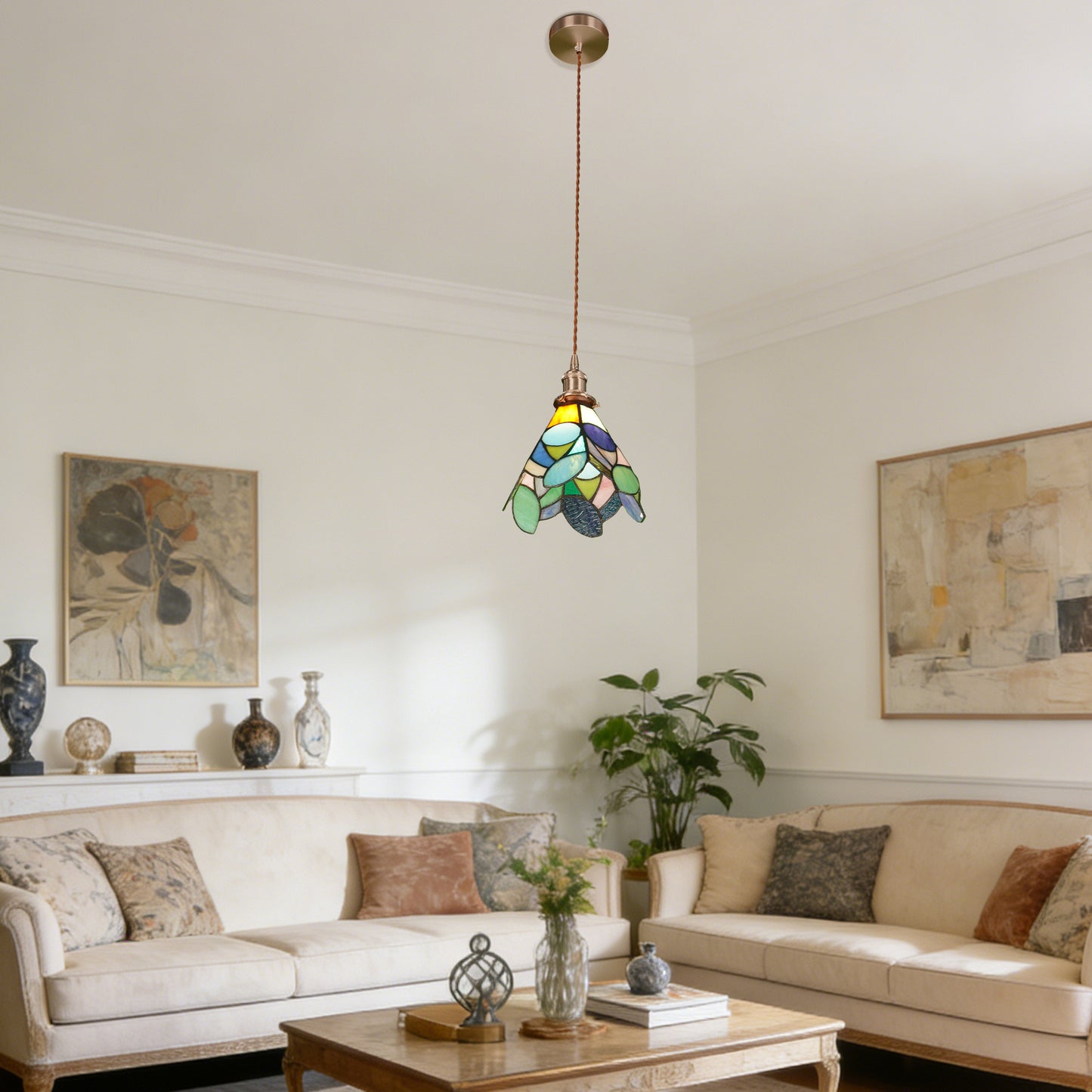 Leaf Stained Glass Mini Pendant Light - Antique Bronze Adjustable 1-Light E26 Pendant Lamp Bulb Not Included