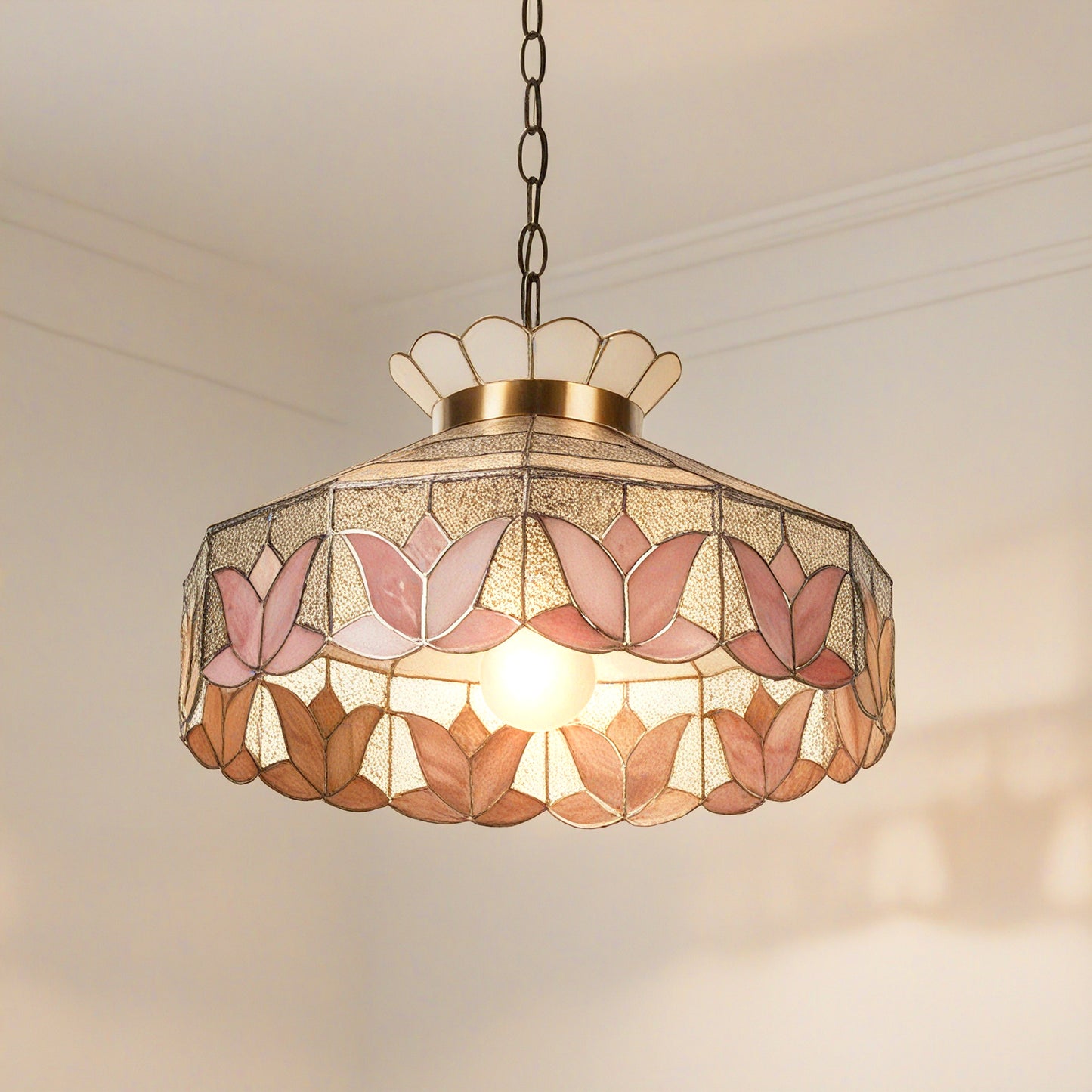 Pink Lotus Stained Glass Pendant Light - Antique Bronze Adjustable 1-Light E26 Lamp Incl Warm Light Source