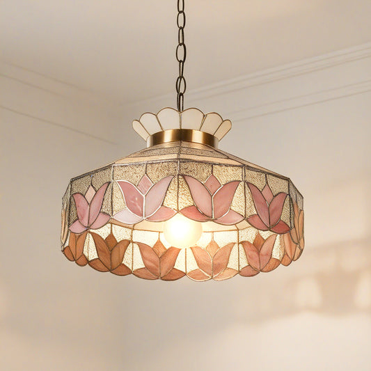 Pink Lotus Stained Glass Pendant Light - Antique Bronze Adjustable 1-Light E26 Lamp Incl Warm Light Source