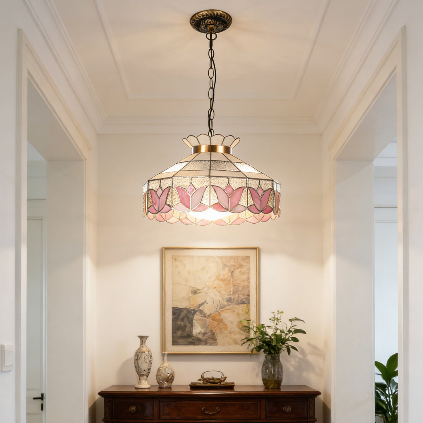 Pink Lotus Stained Glass Pendant Light - Antique Bronze Adjustable 1-Light E26 Lamp Incl Warm Light Source