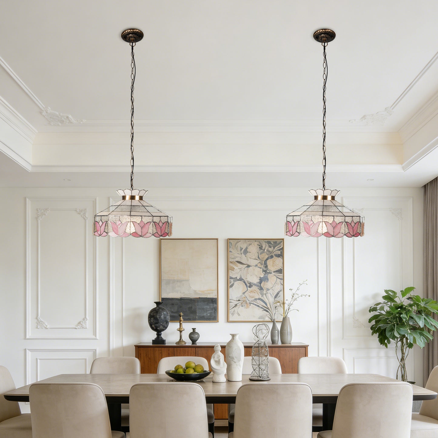 Pink Lotus Stained Glass Pendant Light - Antique Bronze Adjustable 1-Light E26 Lamp Incl Warm Light Source