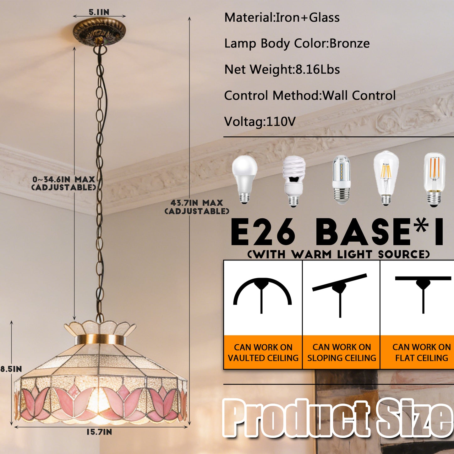 Pink Lotus Stained Glass Pendant Light - Antique Bronze Adjustable 1-Light E26 Lamp Incl Warm Light Source