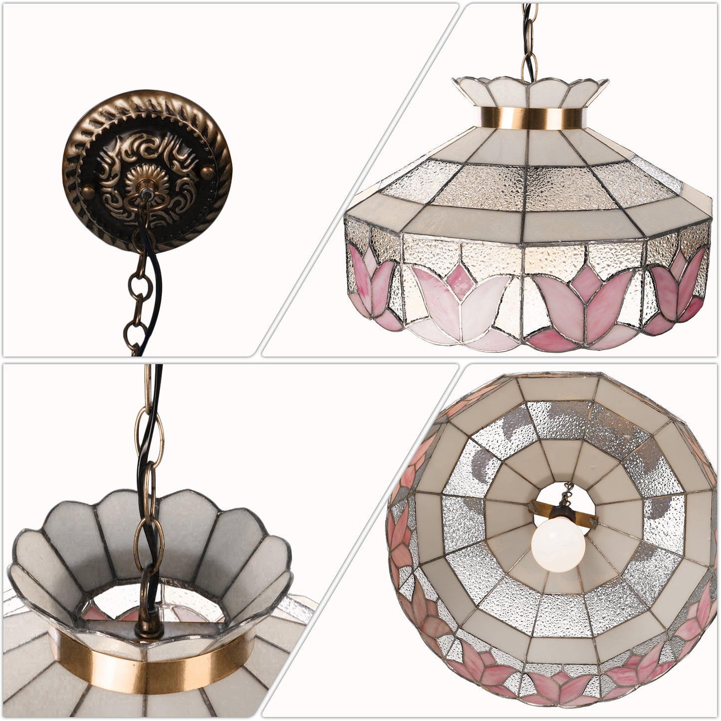 Pink Lotus Stained Glass Pendant Light - Antique Bronze Adjustable 1-Light E26 Lamp Incl Warm Light Source