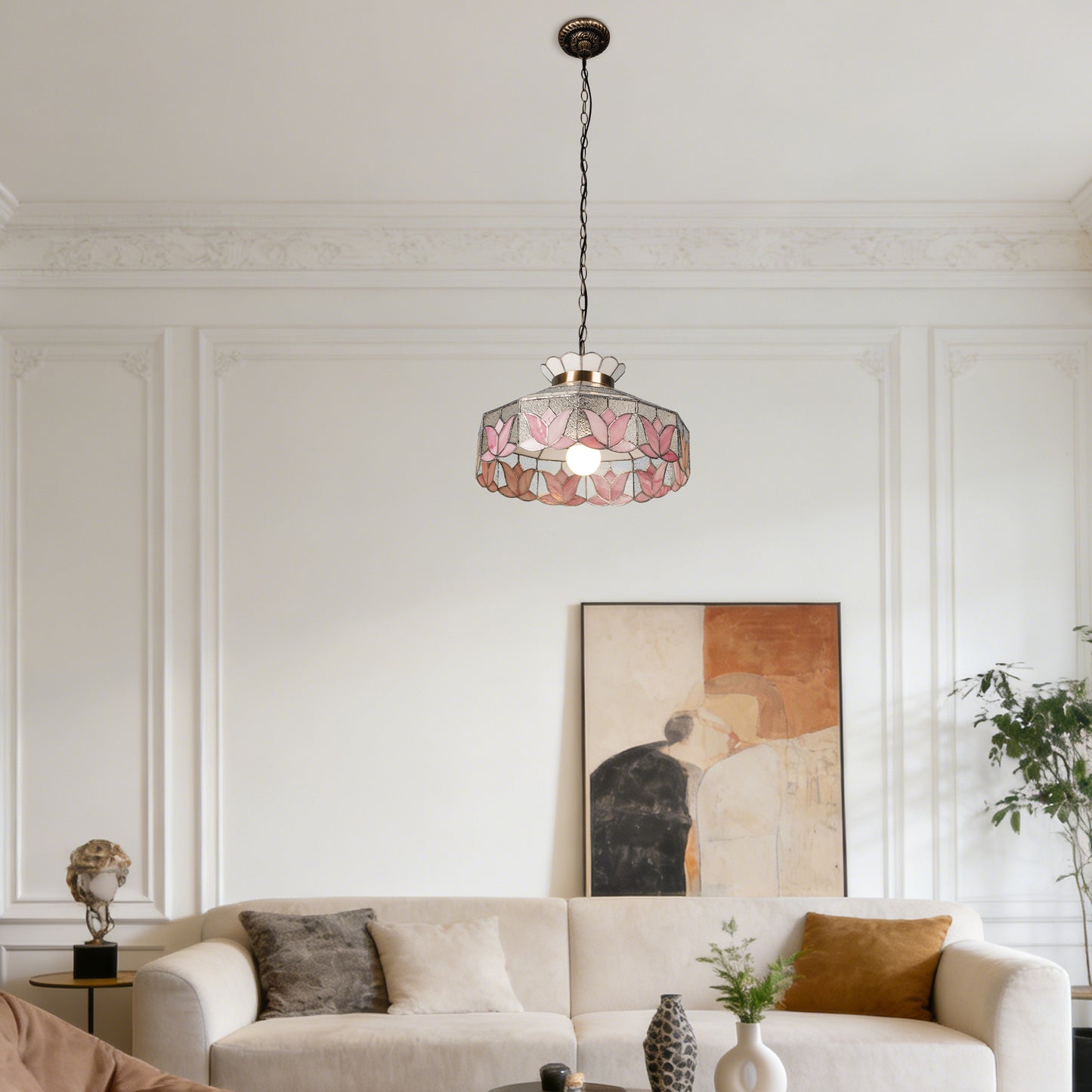 Pink Lotus Stained Glass Pendant Light - Antique Bronze Adjustable 1-Light E26 Lamp Incl Warm Light Source