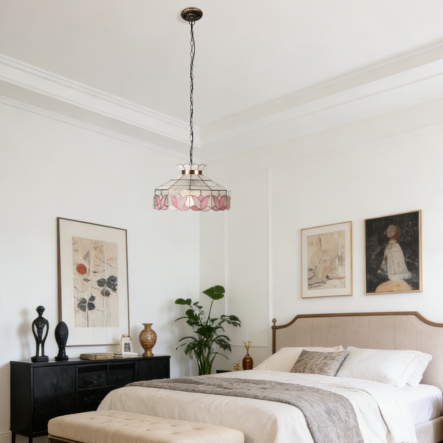 Pink Lotus Stained Glass Pendant Light - Antique Bronze Adjustable 1-Light E26 Lamp Incl Warm Light Source