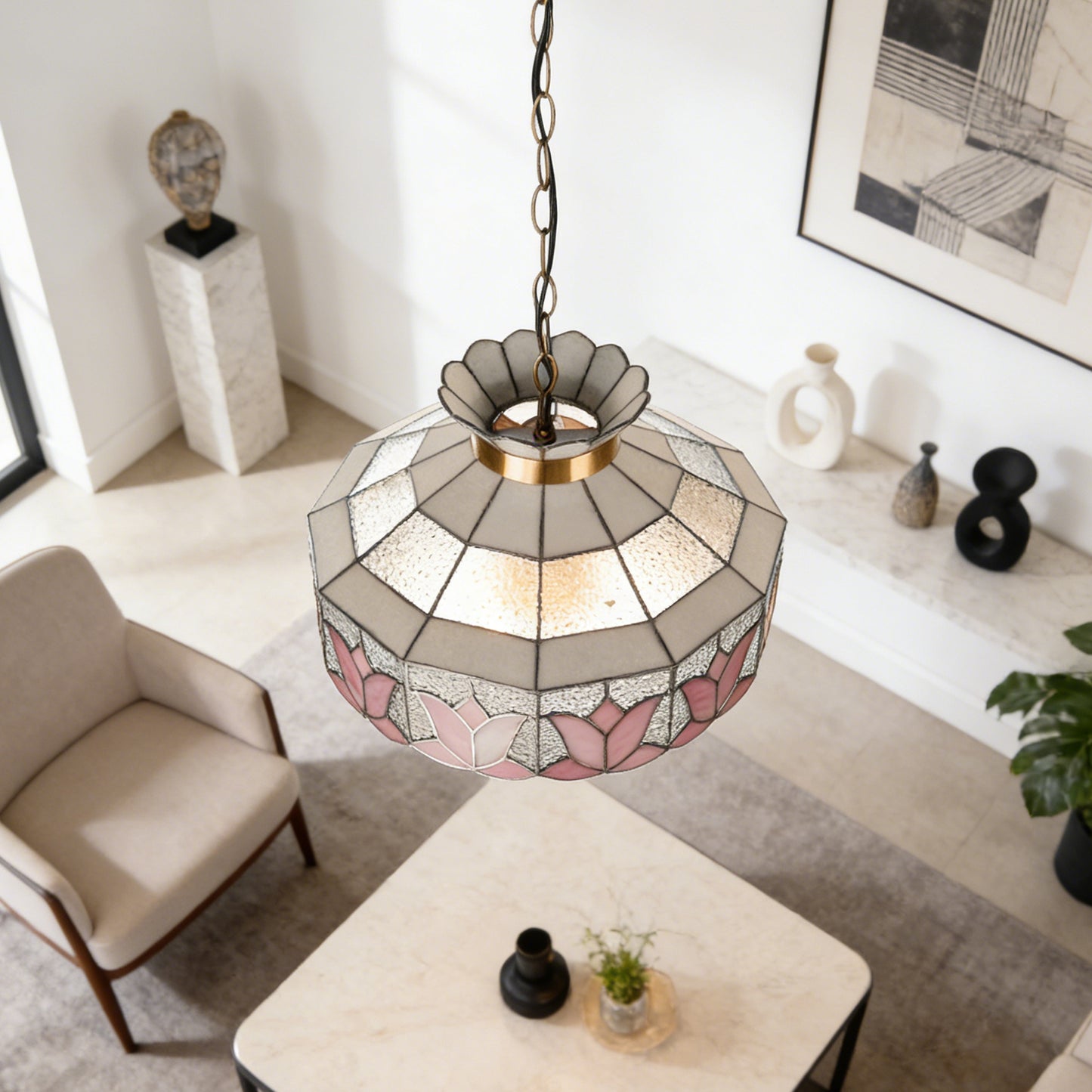 Pink Lotus Stained Glass Pendant Light - Antique Bronze Adjustable 1-Light E26 Lamp Incl Warm Light Source