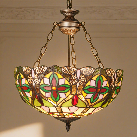 Dragonfly Floral Stained Glass Pendant Light - Antique Bronze Adjustable 3-Light E26 Lamp Bulb Not Included