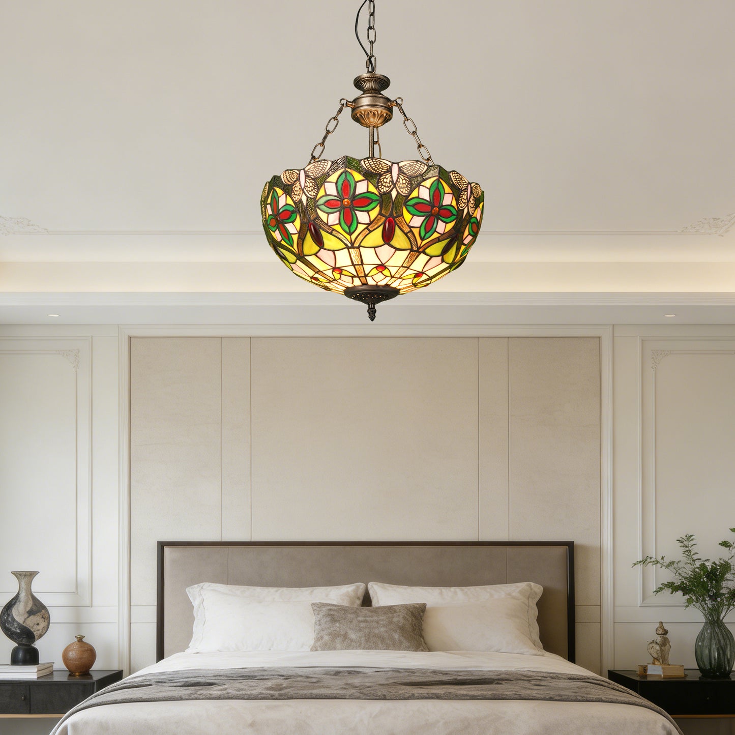 Dragonfly Floral Stained Glass Pendant Light - Antique Bronze Adjustable 3-Light E26 Lamp Bulb Not Included