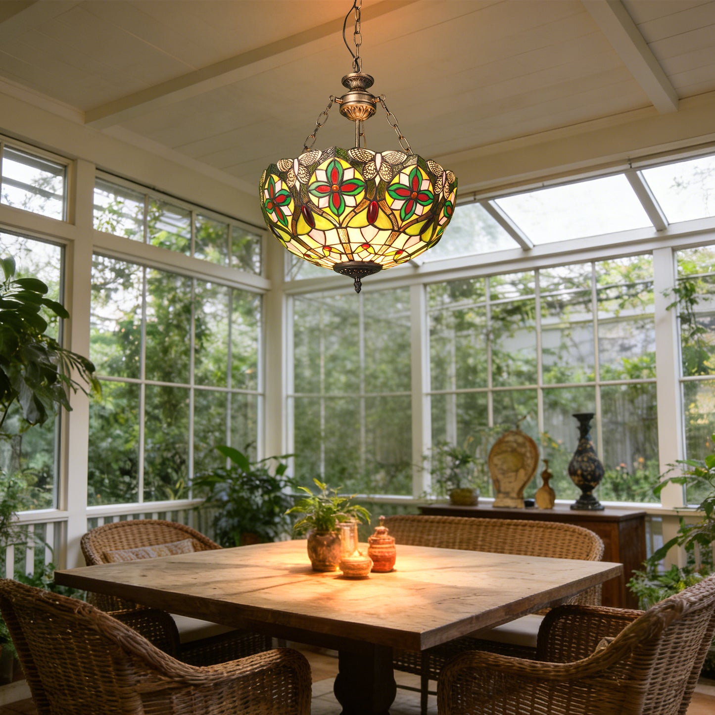 Dragonfly Floral Stained Glass Pendant Light - Antique Bronze Adjustable 3-Light E26 Lamp Bulb Not Included