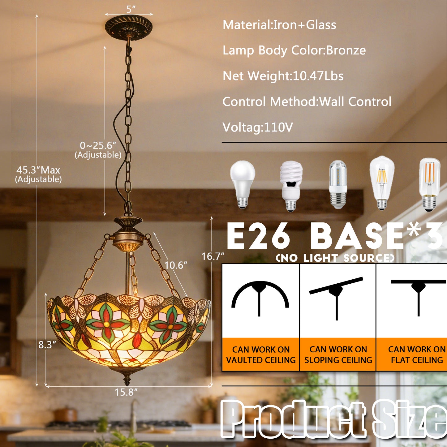 Dragonfly Floral Stained Glass Pendant Light - Antique Bronze Adjustable 3-Light E26 Lamp Bulb Not Included