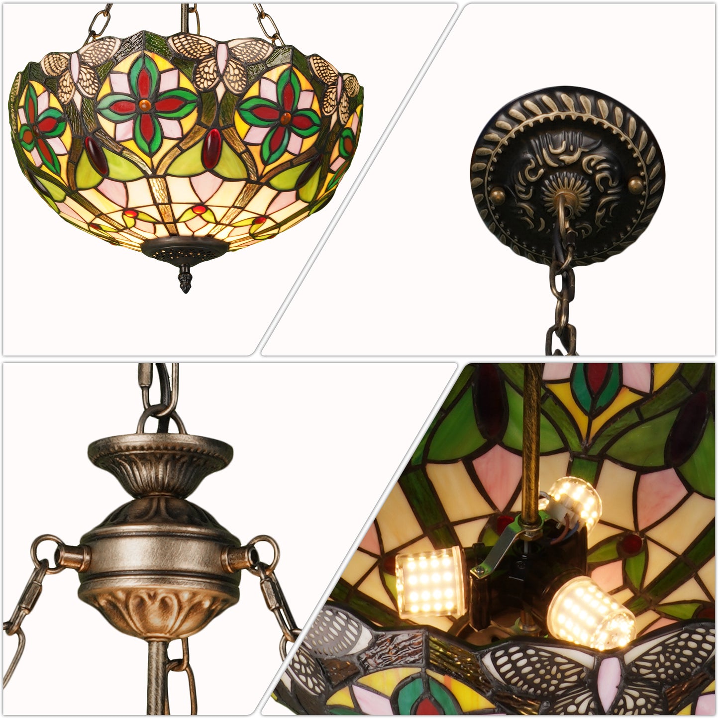 Dragonfly Floral Stained Glass Pendant Light - Antique Bronze Adjustable 3-Light E26 Lamp Bulb Not Included