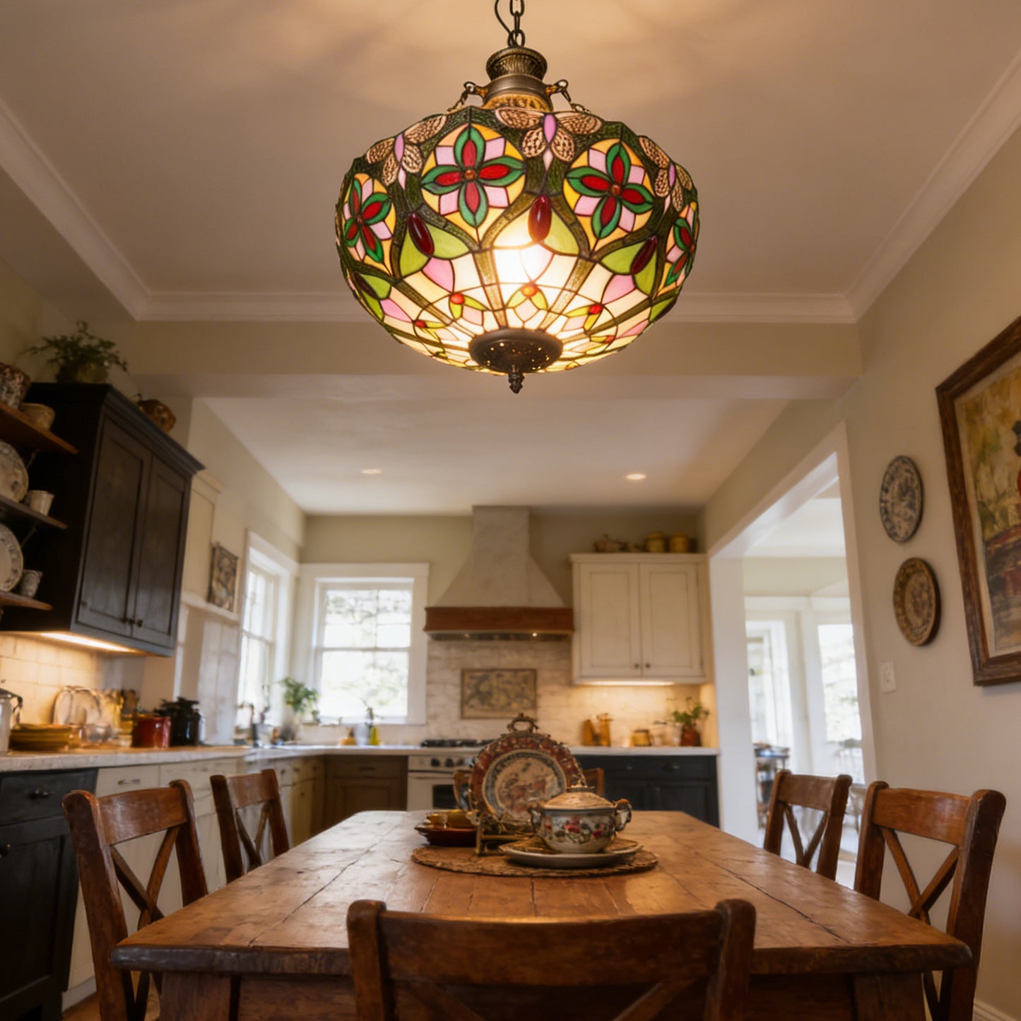 Dragonfly Floral Stained Glass Pendant Light - Antique Bronze Adjustable 3-Light E26 Lamp Bulb Not Included