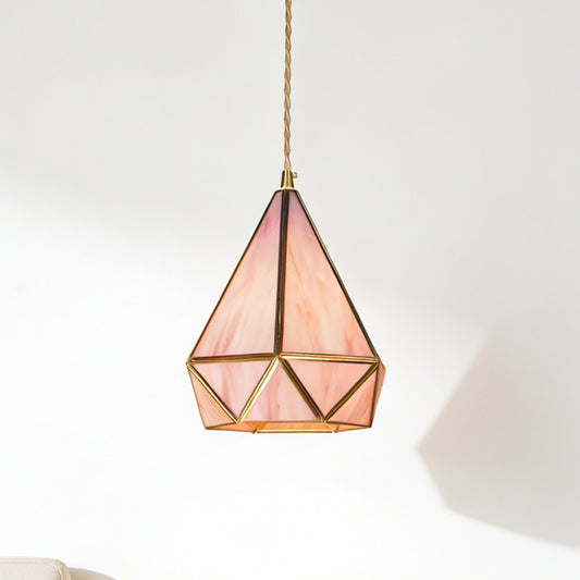 Pink Geometric Stained Glass Mini Pendant Light - Copper Adjustable 1-Light E14 Lamp (3-Color Light Source