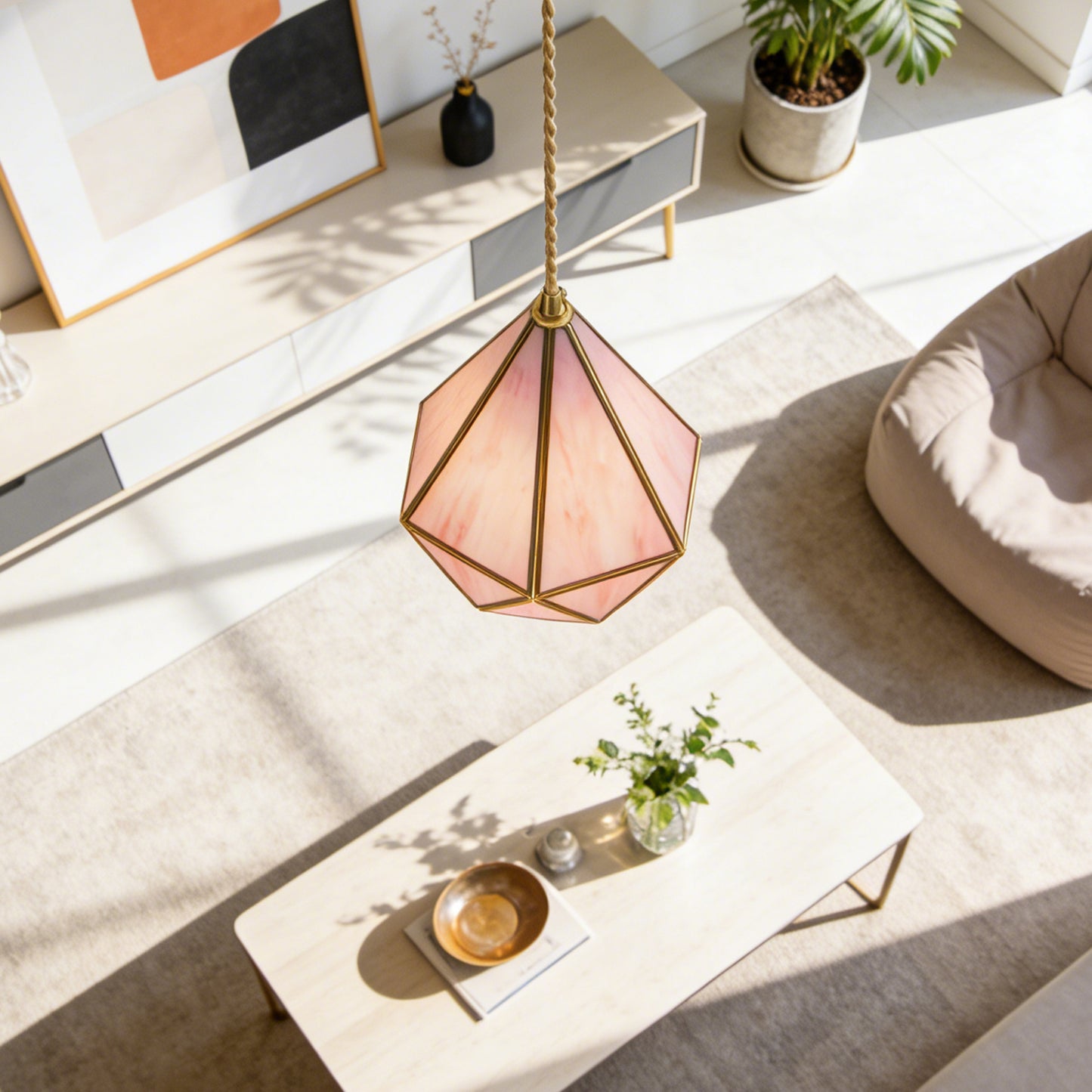 Pink Geometric Stained Glass Mini Pendant Light - Copper Adjustable 1-Light E14 Lamp (3-Color Light Source