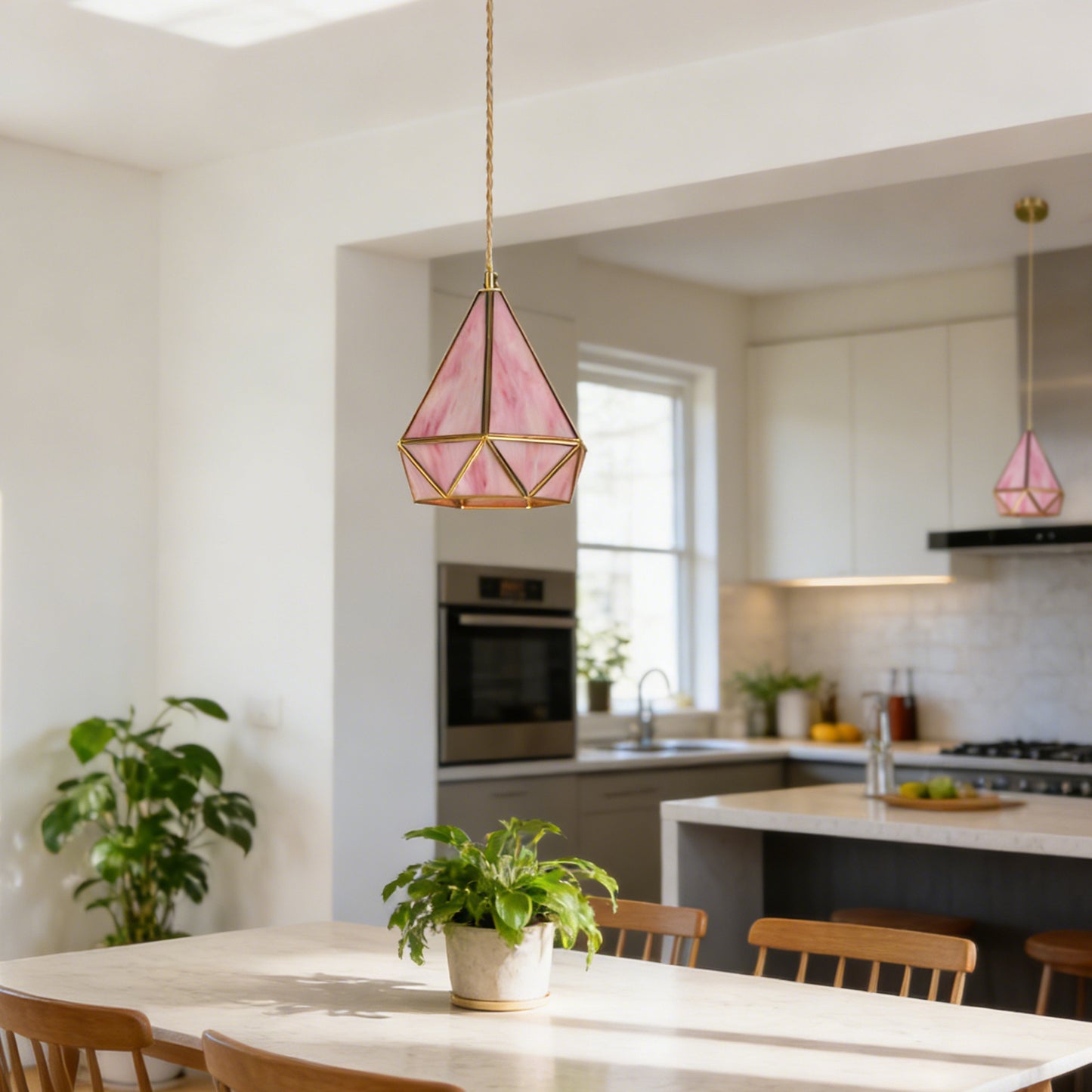 Pink Geometric Stained Glass Mini Pendant Light - Copper Adjustable 1-Light E14 Lamp (3-Color Light Source