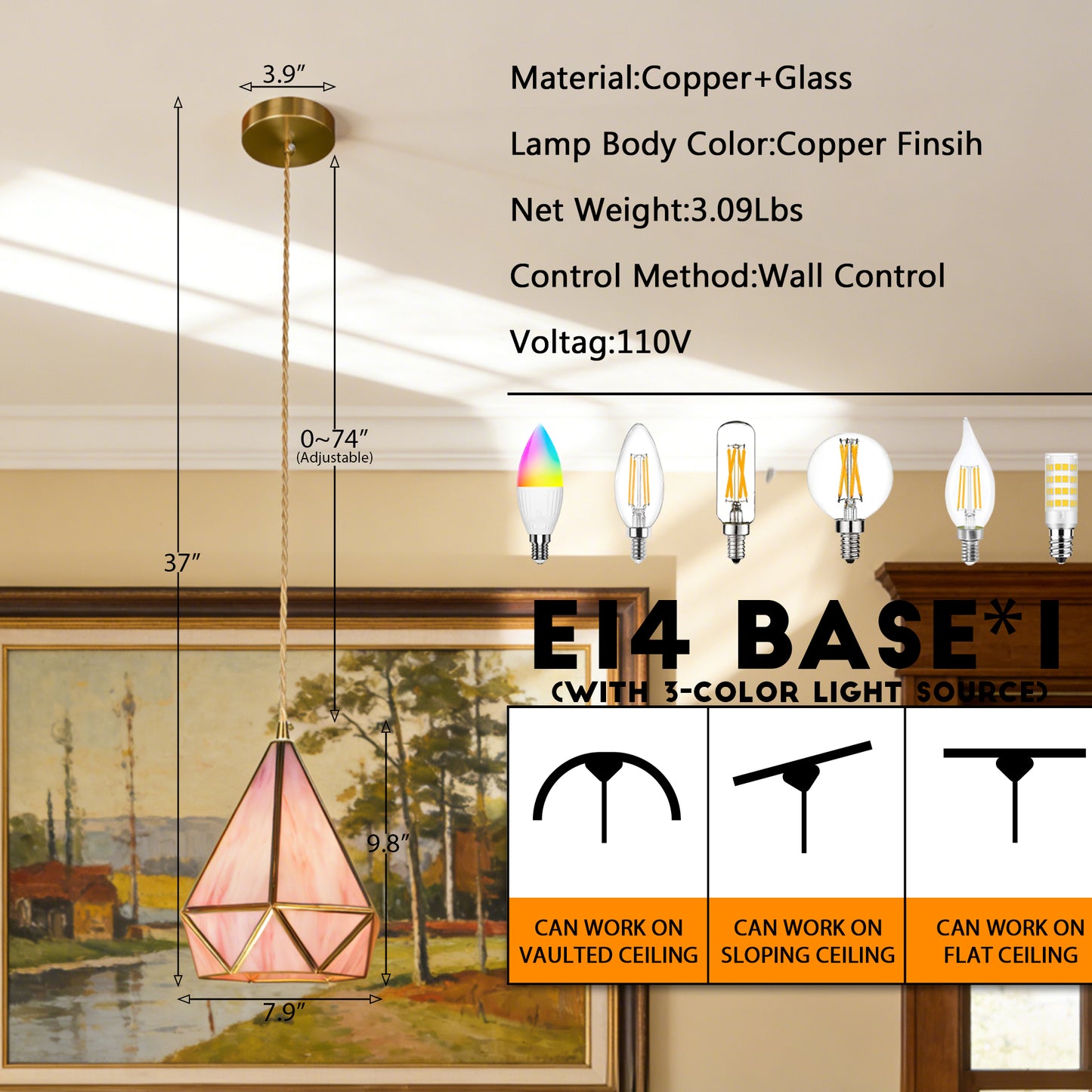 Pink Geometric Stained Glass Mini Pendant Light - Copper Adjustable 1-Light E14 Lamp (3-Color Light Source