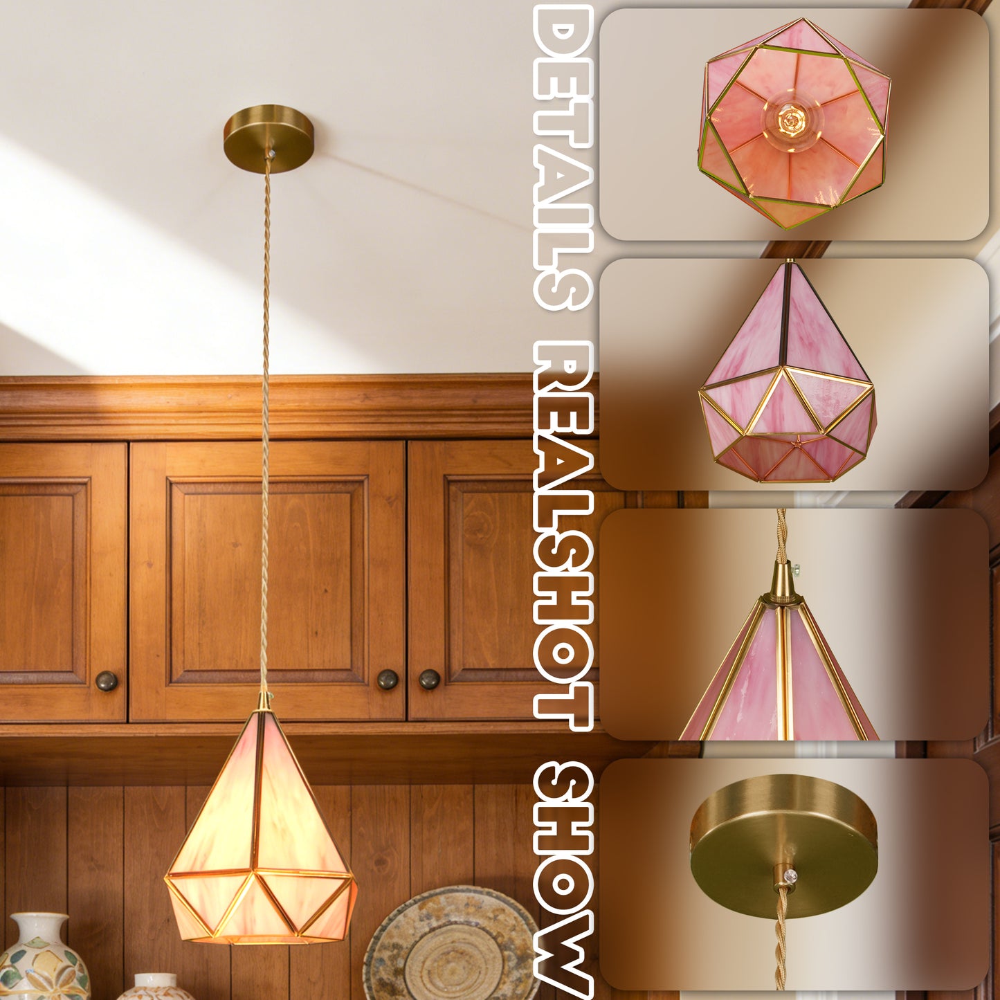 Pink Geometric Stained Glass Mini Pendant Light - Copper Adjustable 1-Light E14 Lamp (3-Color Light Source