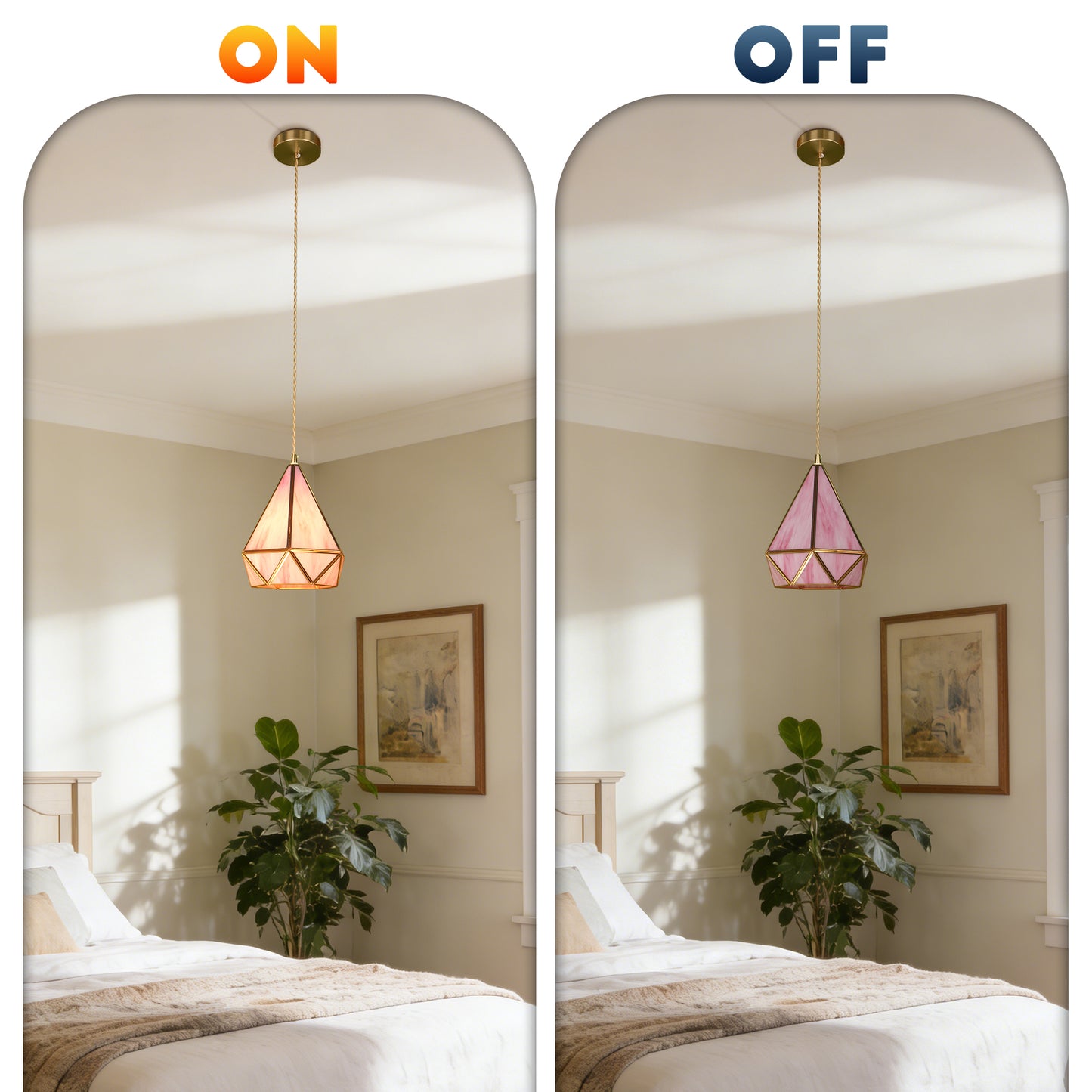 Pink Geometric Stained Glass Mini Pendant Light - Copper Adjustable 1-Light E14 Lamp (3-Color Light Source