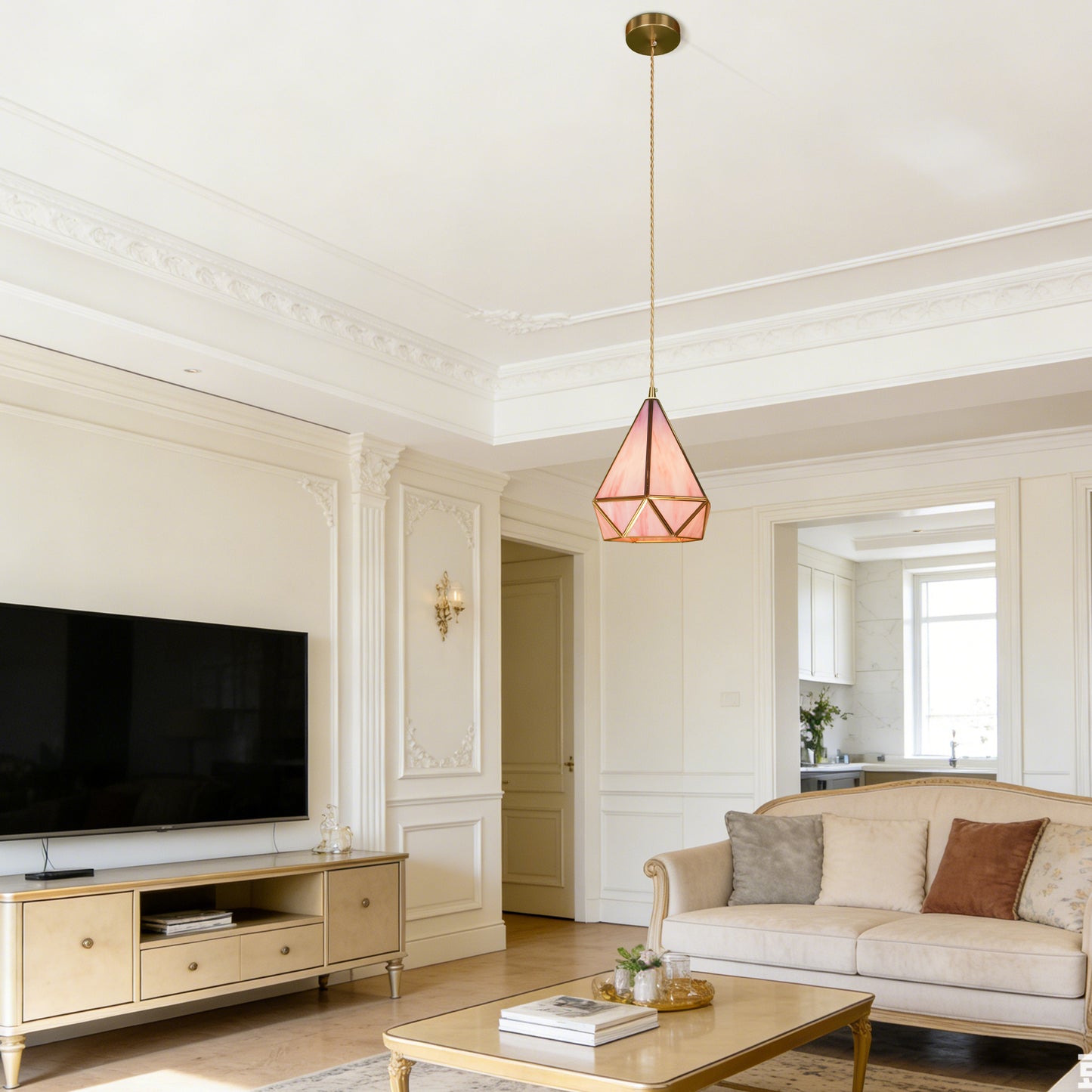 Pink Geometric Stained Glass Mini Pendant Light - Copper Adjustable 1-Light E14 Lamp (3-Color Light Source