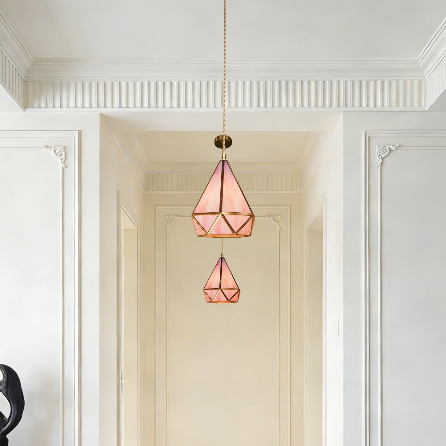 Pink Geometric Stained Glass Mini Pendant Light - Copper Adjustable 1-Light E14 Lamp (3-Color Light Source
