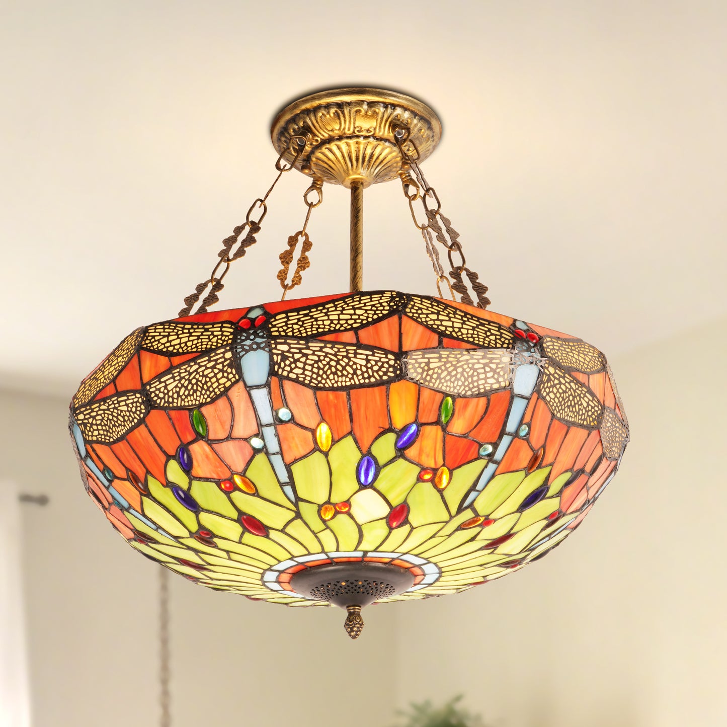 Dragonfly Stained Glass Pendant Light - Antique Bronze 5-Light Semi-Flush Mount Chandelie