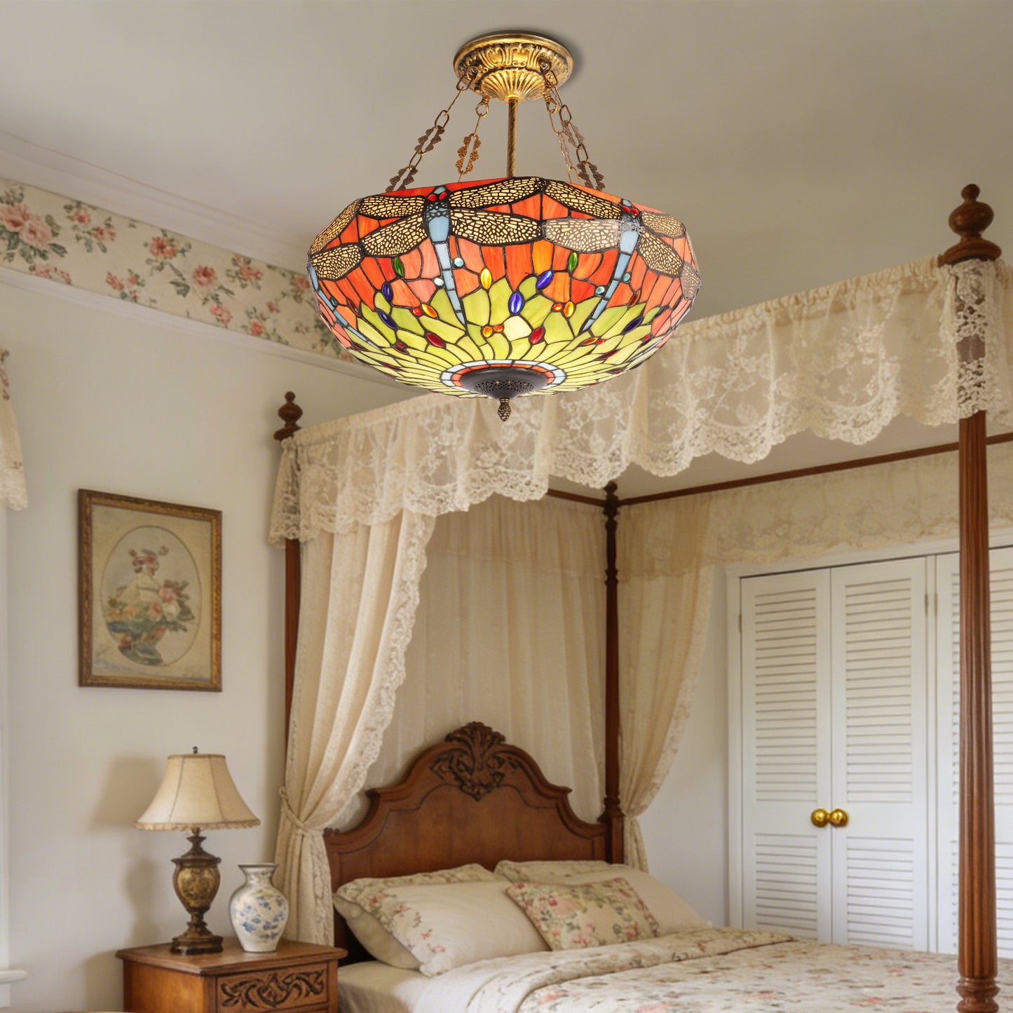 Dragonfly Stained Glass Pendant Light - Antique Bronze 5-Light Semi-Flush Mount Chandelie