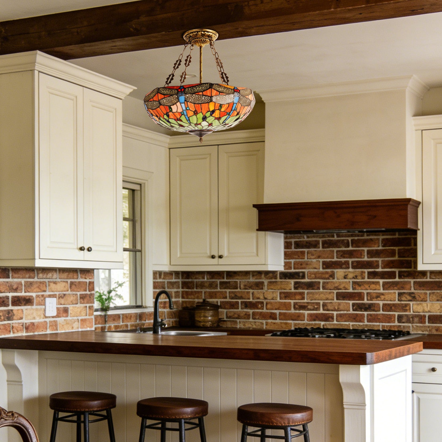 Dragonfly Stained Glass Pendant Light - Antique Bronze 5-Light Semi-Flush Mount Chandelie