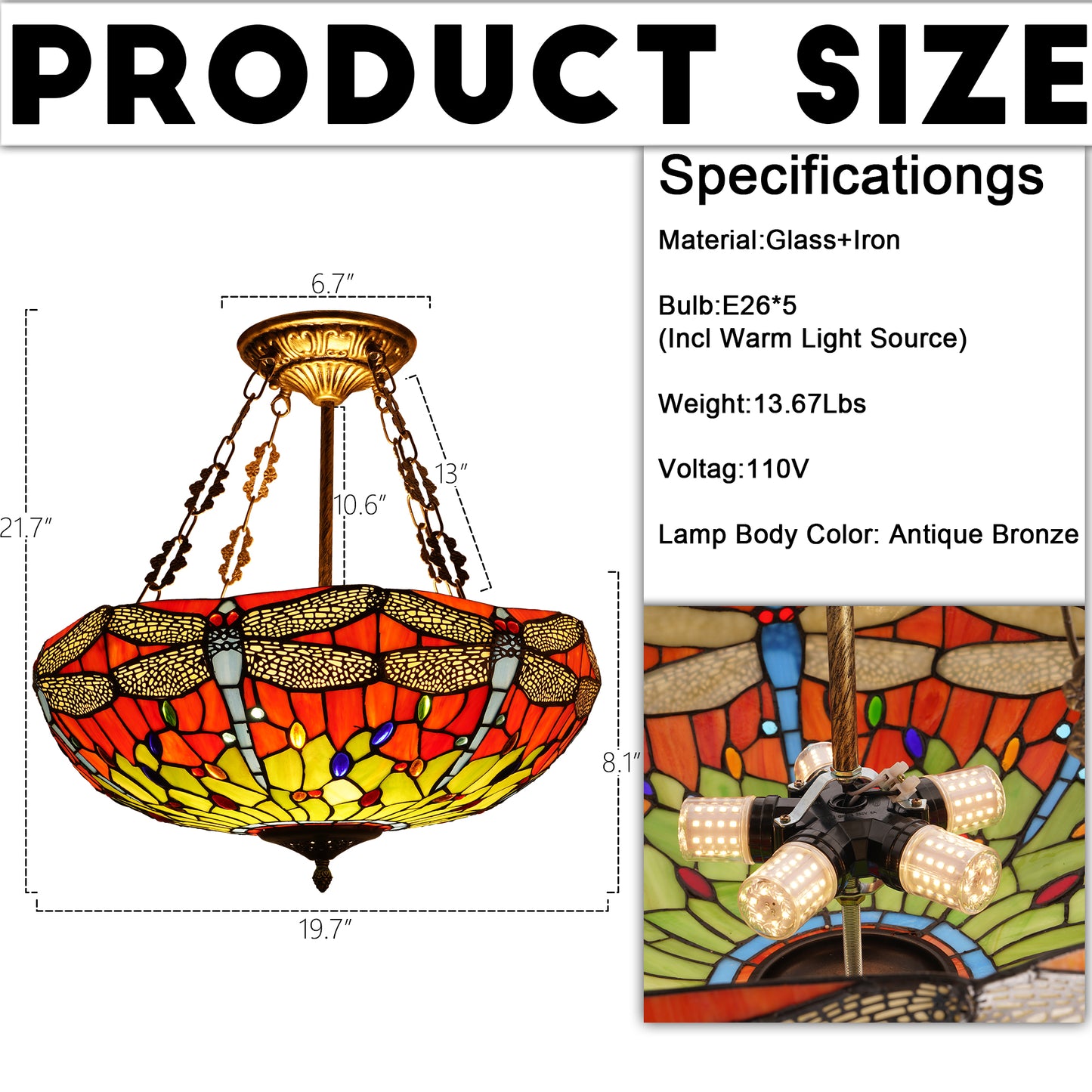 Dragonfly Stained Glass Pendant Light - Antique Bronze 5-Light Semi-Flush Mount Chandelie