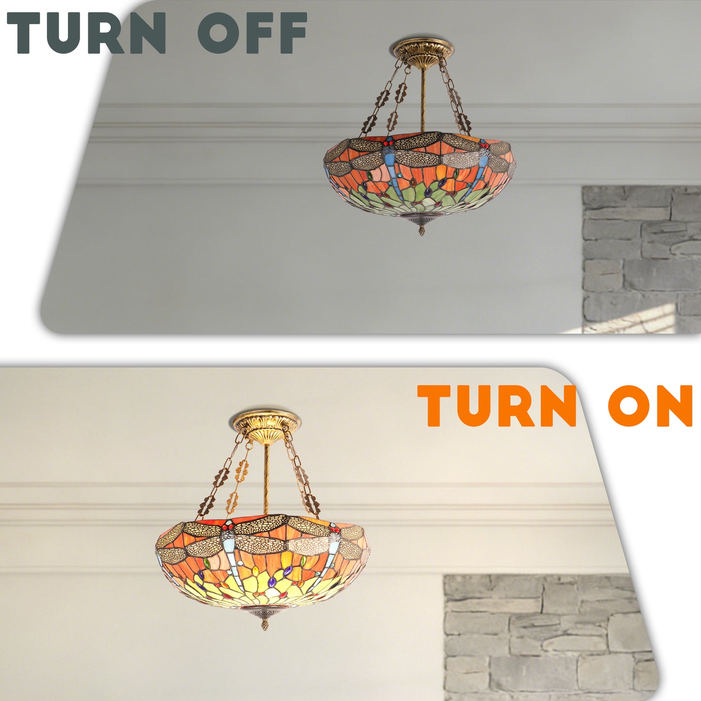 Dragonfly Stained Glass Pendant Light - Antique Bronze 5-Light Semi-Flush Mount Chandelie