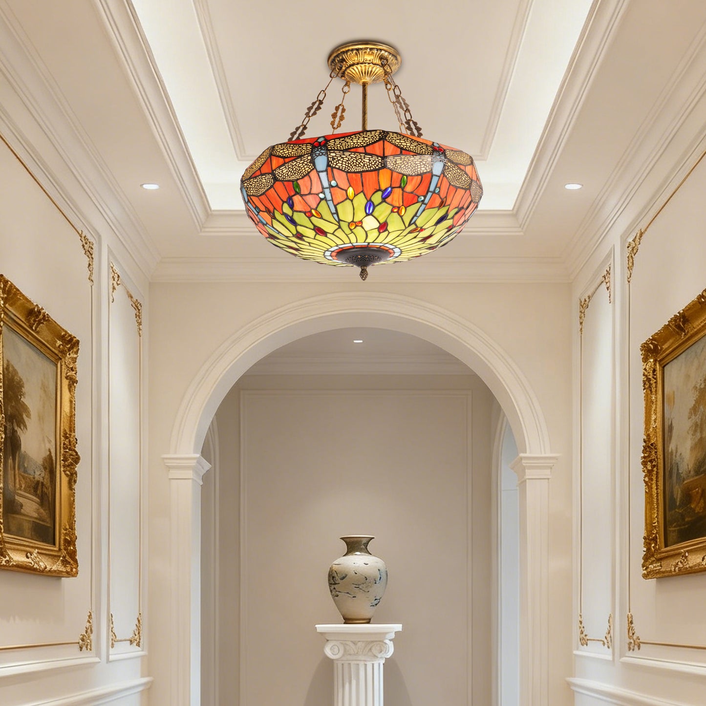 Dragonfly Stained Glass Pendant Light - Antique Bronze 5-Light Semi-Flush Mount Chandelie