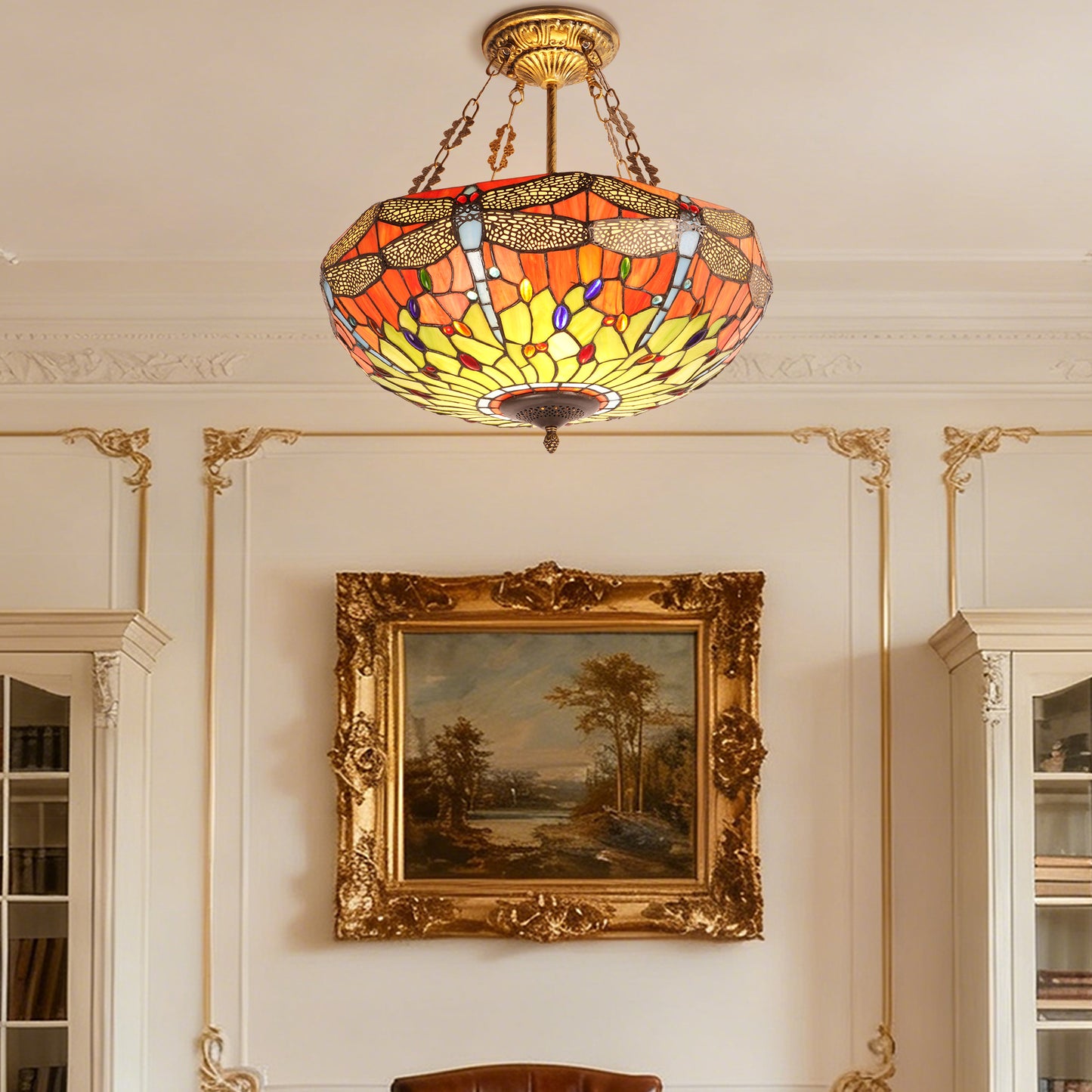 Dragonfly Stained Glass Pendant Light - Antique Bronze 5-Light Semi-Flush Mount Chandelie