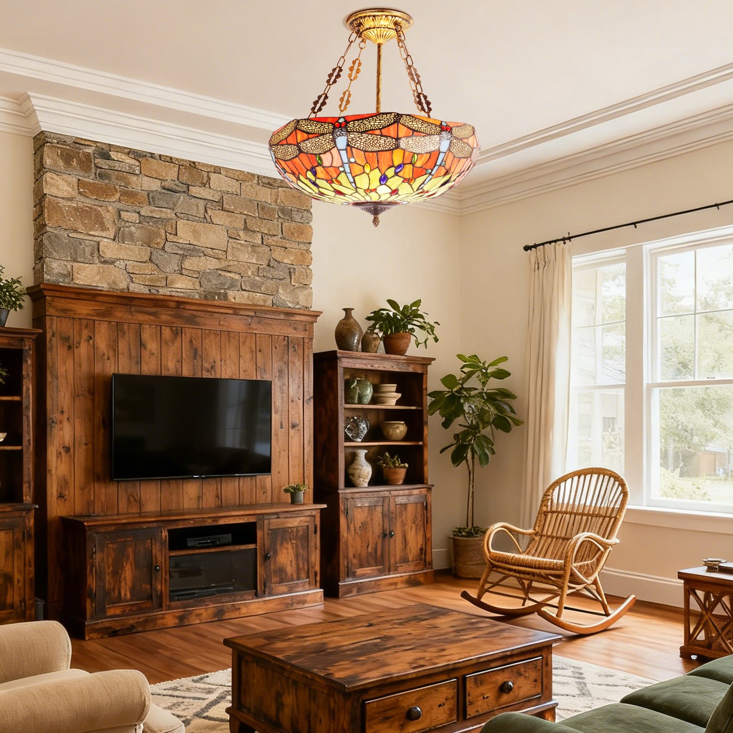 Dragonfly Stained Glass Pendant Light - Antique Bronze 5-Light Semi-Flush Mount Chandelie