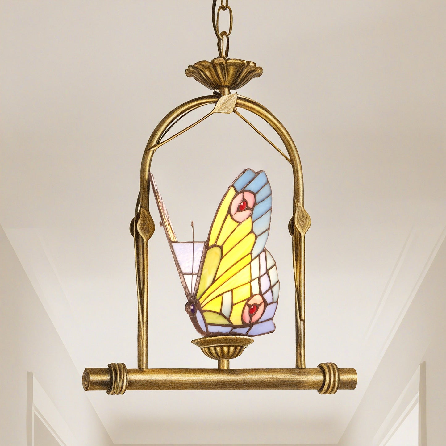 Butterfly Stained Glass Pendant Light - Antique Bronze E26 Pendant Lamp