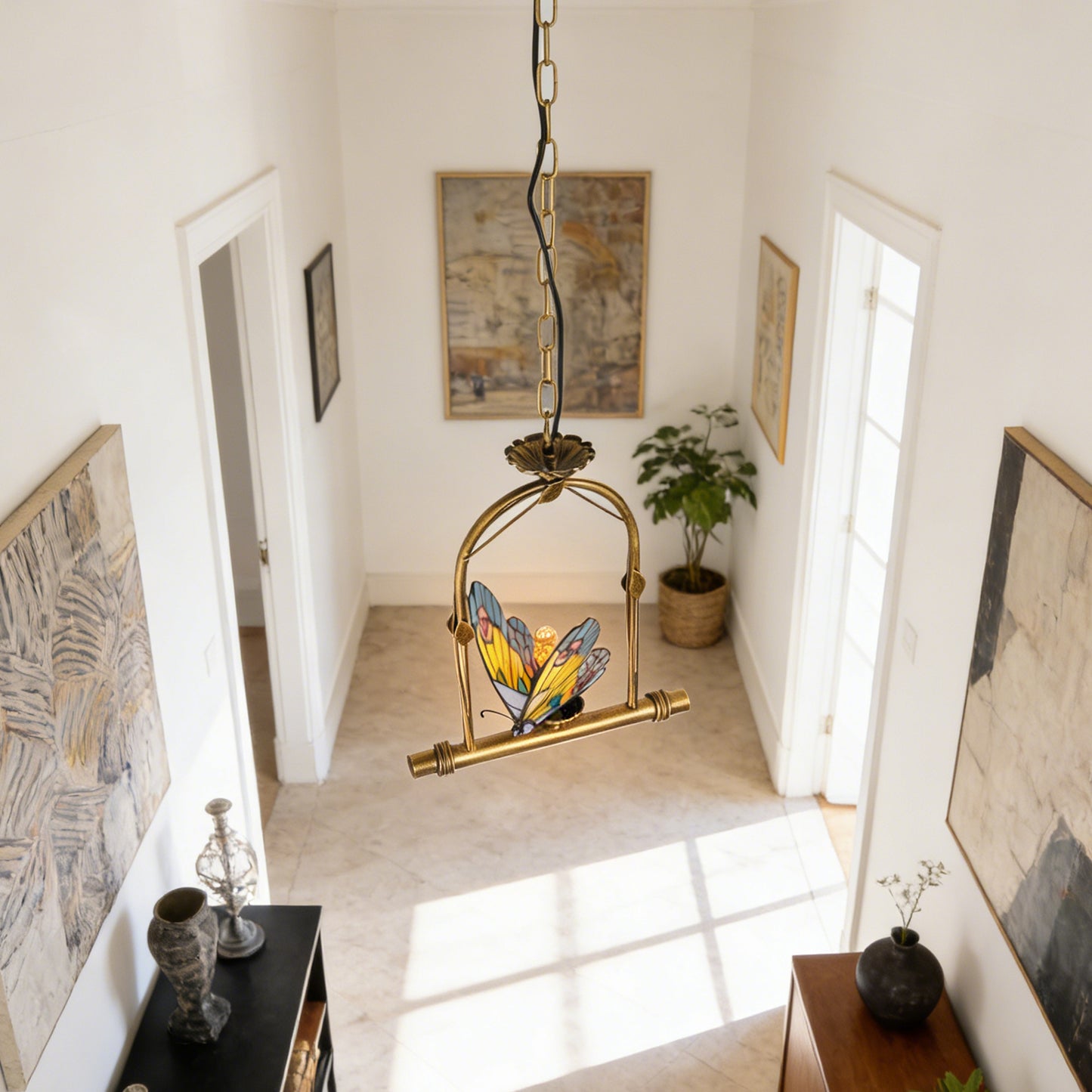 Butterfly Stained Glass Pendant Light - Antique Bronze E26 Pendant Lamp