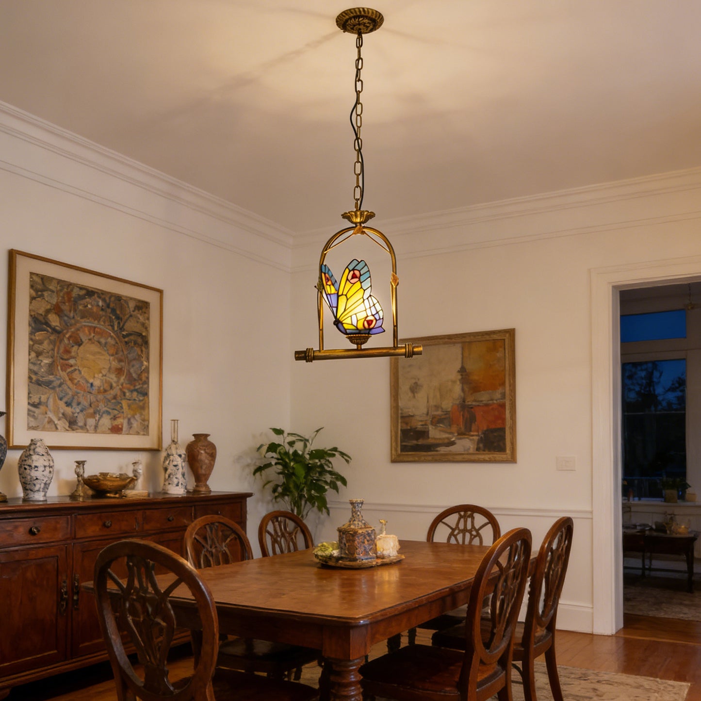 Butterfly Stained Glass Pendant Light - Antique Bronze E26 Pendant Lamp