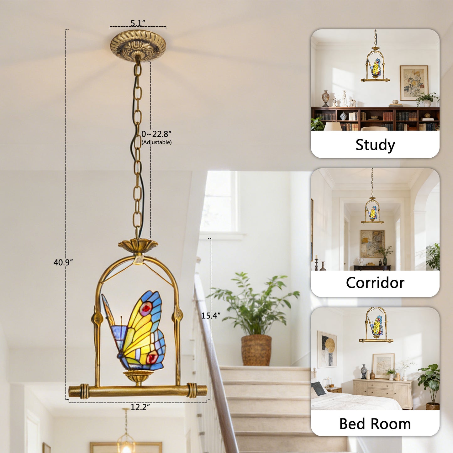 Butterfly Stained Glass Pendant Light - Antique Bronze E26 Pendant Lamp