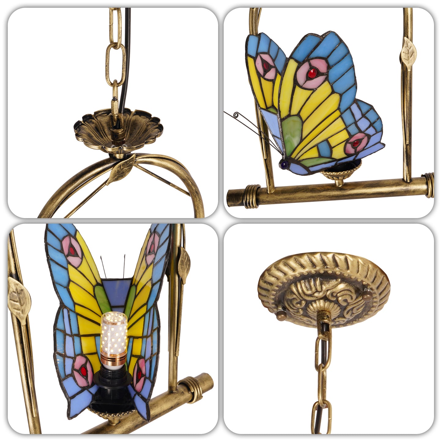 Butterfly Stained Glass Pendant Light - Antique Bronze E26 Pendant Lamp
