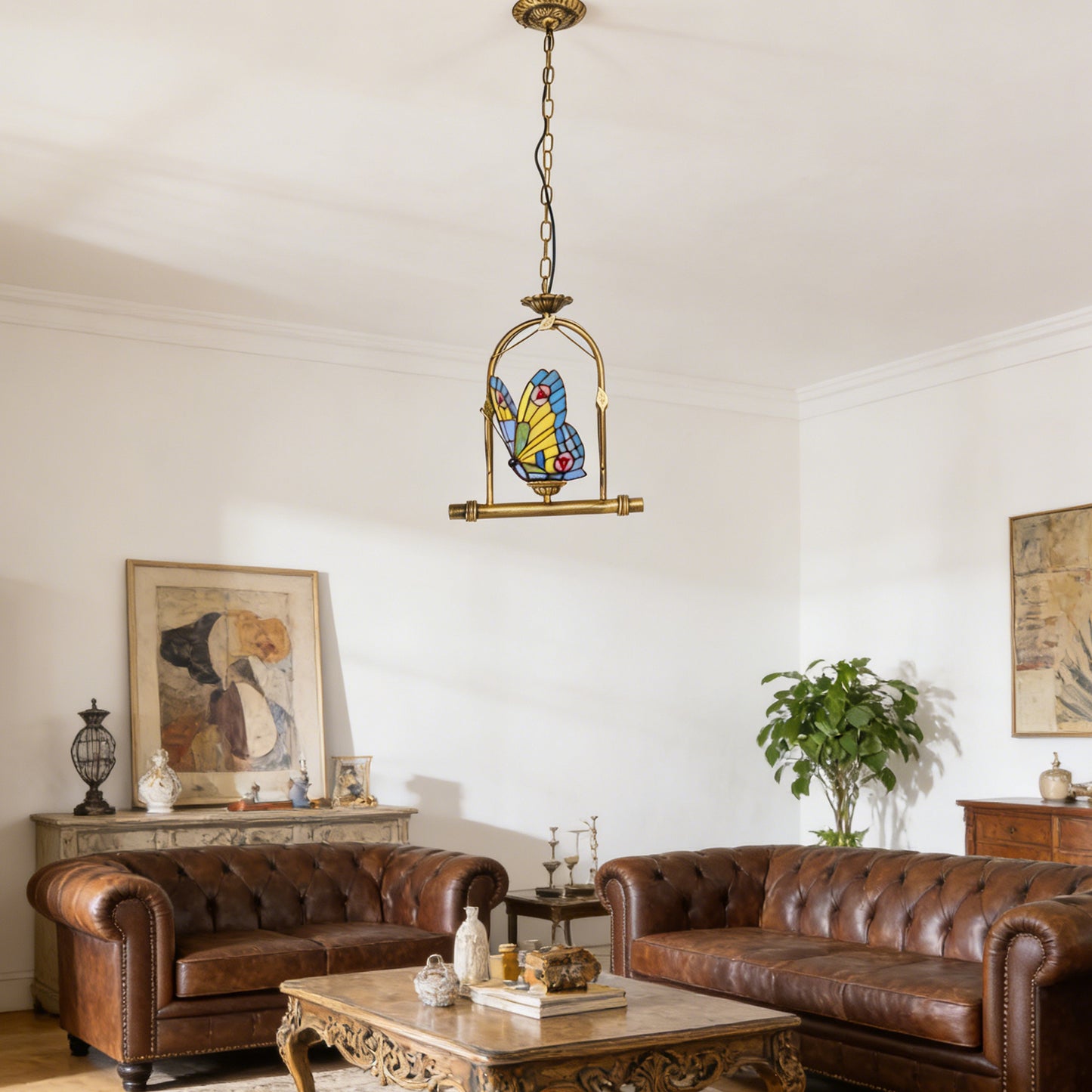 Butterfly Stained Glass Pendant Light - Antique Bronze E26 Pendant Lamp